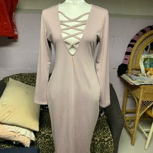 maeve bodycon dress, purple creamy colored, knee high but skintight, size XL